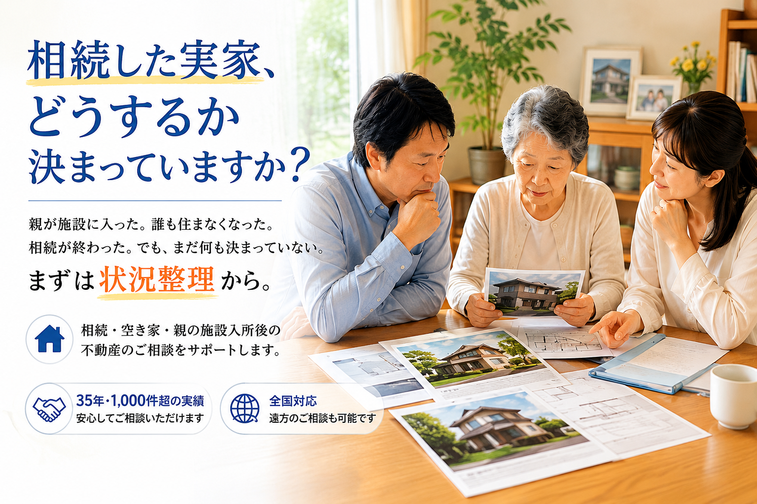 相続した実家や空き家の活用方法を家族で話し合う様子