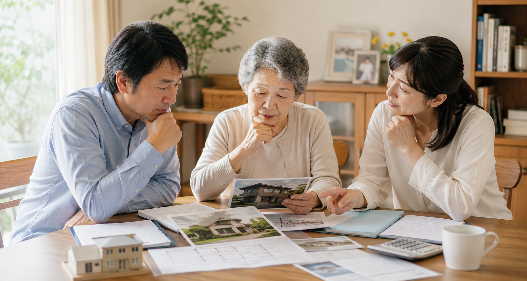 相続した実家や空き家の活用方法を家族で話し合う様子